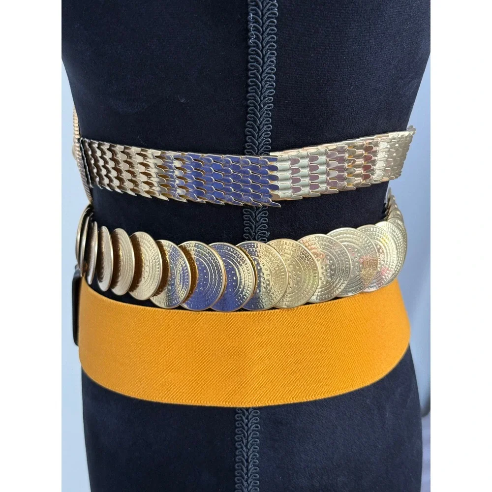 Vintage Gold Tone Metal Coin Scale Link and Mustard Yellow Elastic Belt Set 3pc‎